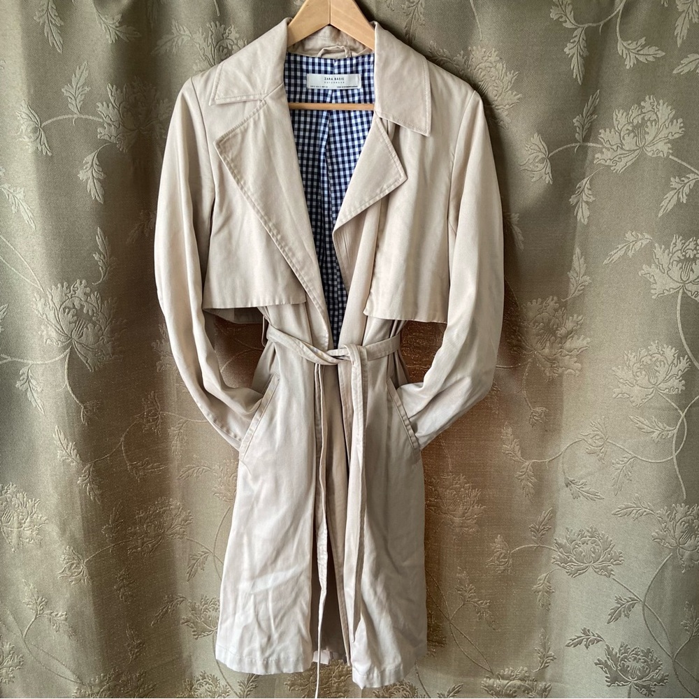 Zara Basic Gingham-Lined Lightweight Trench Coat, Size S